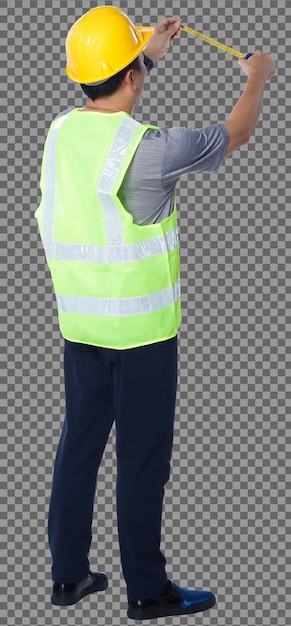 PSD full length figure of 50s 60s asian elderly man engineer wear safety vest hard hat tools. senior male measure distance with measurement tape over white background isolated