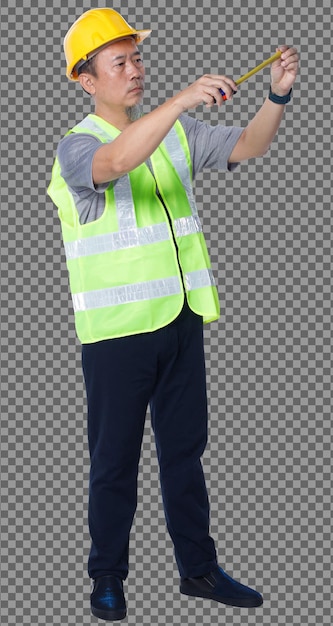 PSD full length figure of 50s 60s asian elderly man engineer wear safety vest hard hat tools. senior male measure distance with measurement tape over white background isolated