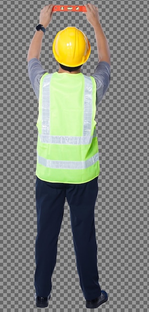 Full length figure of 50s asian elderly man engineer wear safety vest hard hat tools, balance level. rear back view senior male balance line with bubble level equipment over white background isolated