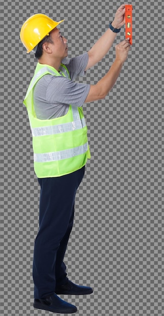 PSD full length figure of 50s asian elderly man engineer wear safety vest hard hat tools, balance level. side view senior male balance line with bubble level equipment over white background isolated