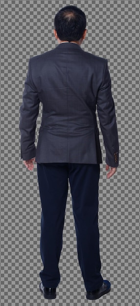 full length figure of 50s 60s asian elderly man black hair business suit pant and shoes stand. senior manager standing and rear side back view over white background isolated
