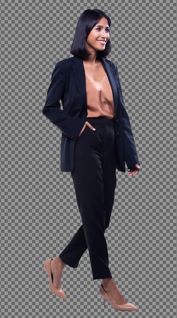 PSD full length indian arab business woman stand black formal suit pants walk. lawyer boss walk right