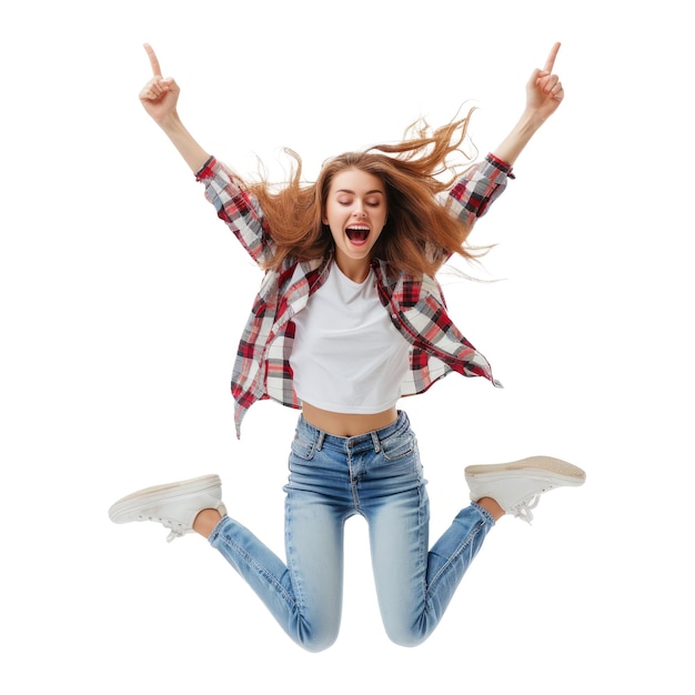 Foto completa di una persona soddisfatta, felice, con il sorriso dentato che cade volando.