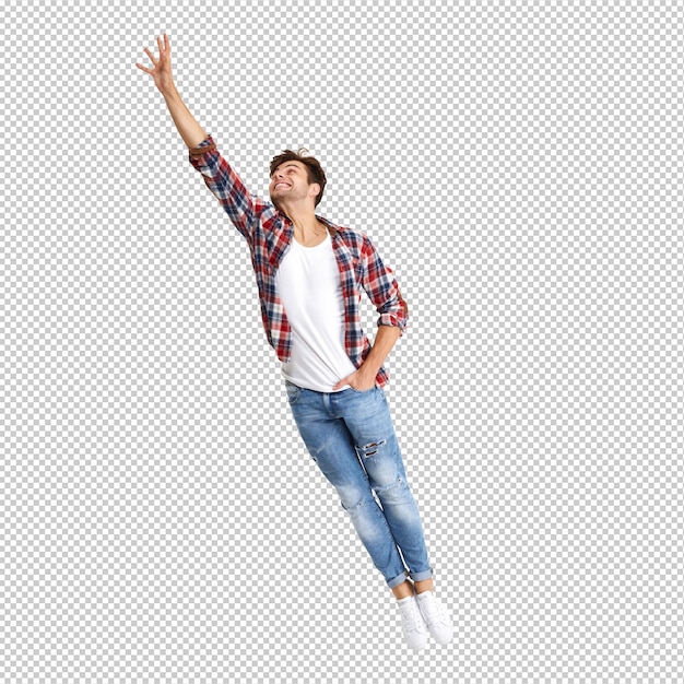 full length portrait of a casual attractive man jumping