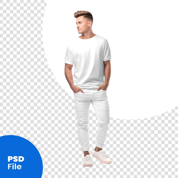 PSD full length portrait of a handsome young man in white t-shirt and pants isolated on white background psd template