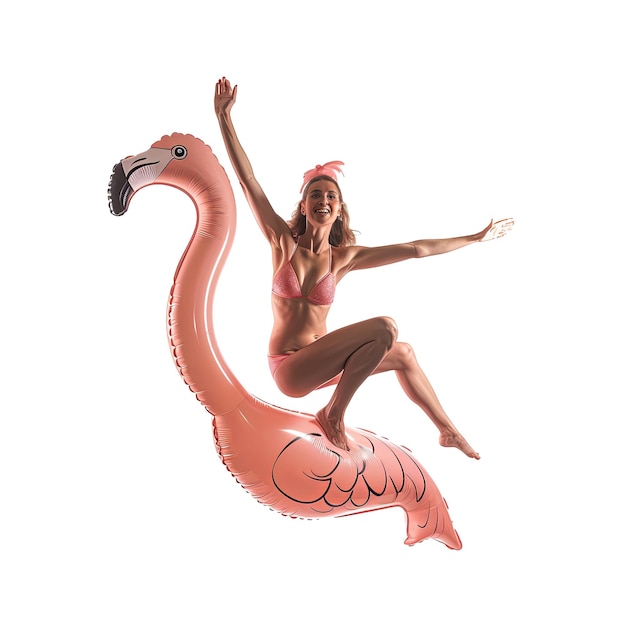 PSD full length portrait of a happy young woman dressed in swimsuit jumping with inflatable flamingo