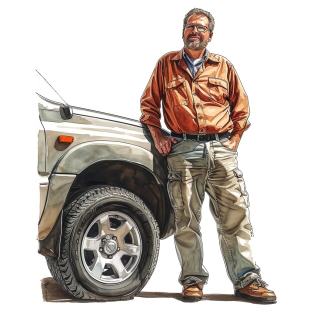 Full length portrait of a man leaning on a SUV