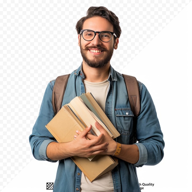 PSD ritratto a figura intera di un uomo con gli occhiali che tiene libri e sorride isolato su sfondo bianco isolato