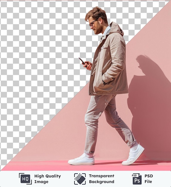 PSD full length profile shot of a man walking and looking into a mobile phone