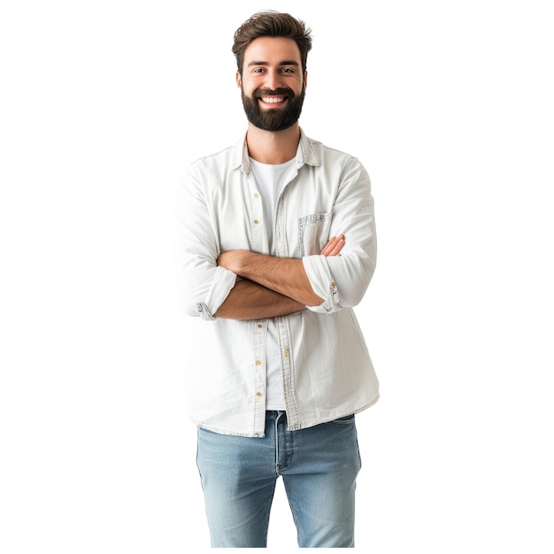 Full length shot of handsome happy beard young man smiling guy wearing shirt and jeans