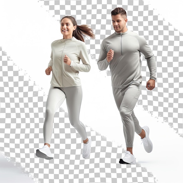 PSD full length shot of a young man and woman in sportswear jogging isolated on transparent background