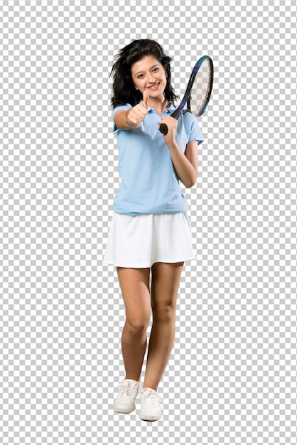 PSD a full length shot of a young tennis player woman with thumbs up because something good has happened