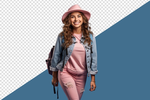 Full length side view of excited young woman student in blue tshirt hat glasses backpack