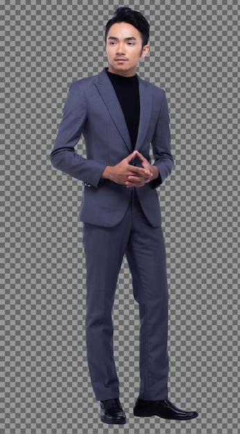 PSD full length snap figure, asian business man stand in dark black proper suit pants and shoes, studio lighting white background isolated, tanned male model pose many act standing smile strong