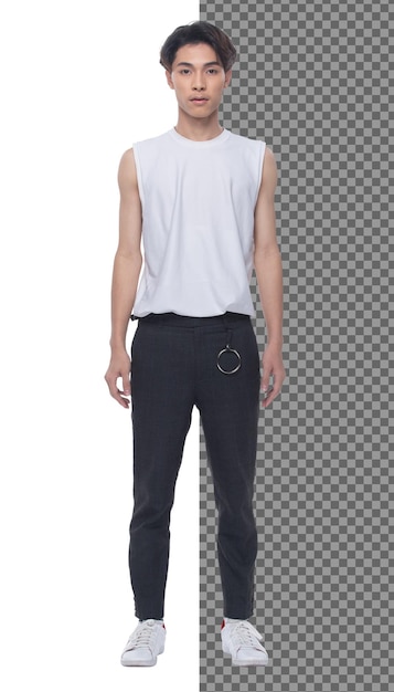 PSD full length teenager 15s 20s asian boy wear vest dress and jean pants sneaker, isolated. slim healthy man stand and post confident look at camera, short black hair, studio white background