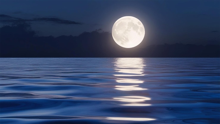 PSD a full moon is shining on the water with the sun shining on it