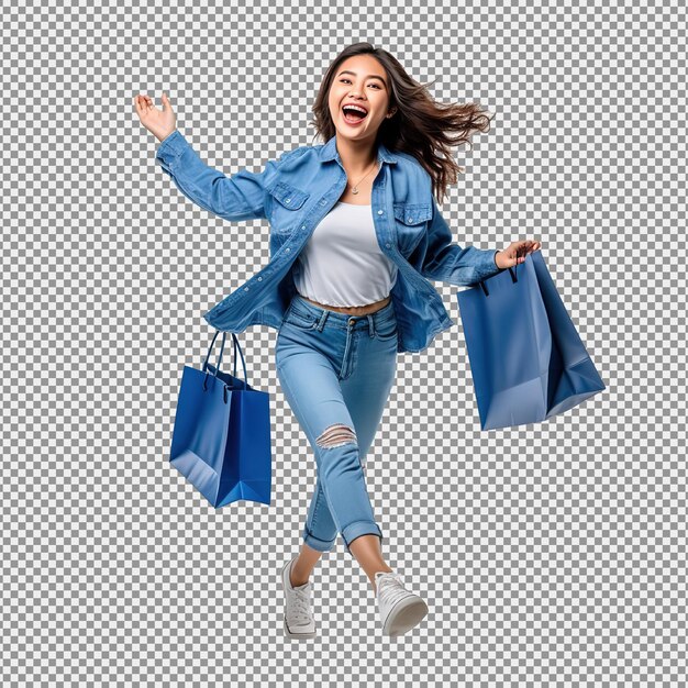 PSD full profile photo of funky young asian lady jump hold telephone wear jacket jeans sneakers isolated