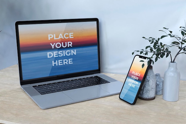 PSD フルスクリーン-スマートフォンとラップトップ-モックアップデザイン