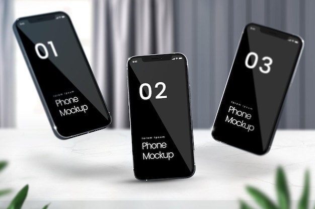 Mockup di smartphone a schermo intero di tre telefoni su sfondo moderno