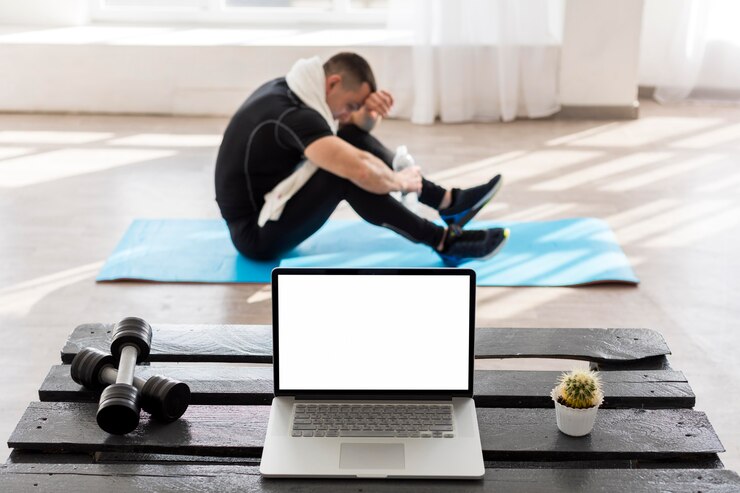 PSD full shot man doing sport at home