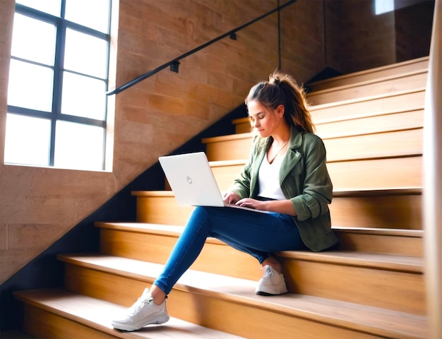 PSD full shot man sitting on stairs with laptop