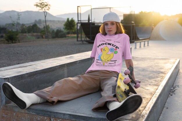 PSD full shot skater girl shooting outdoors mockup