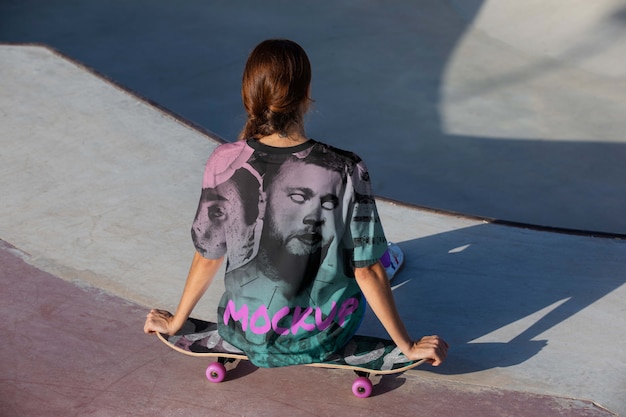 Full shot woman sitting on skateboard