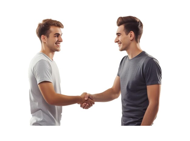 Full size length two young smiling happy men friends together in casual tshirt meeting together