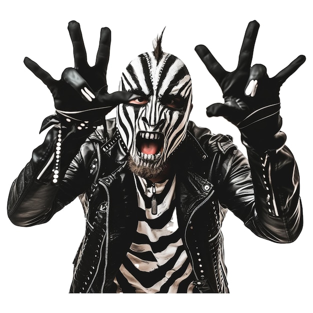 Full size photo of freak absurd guy in zebra mask rocker dance theme festive event handsup