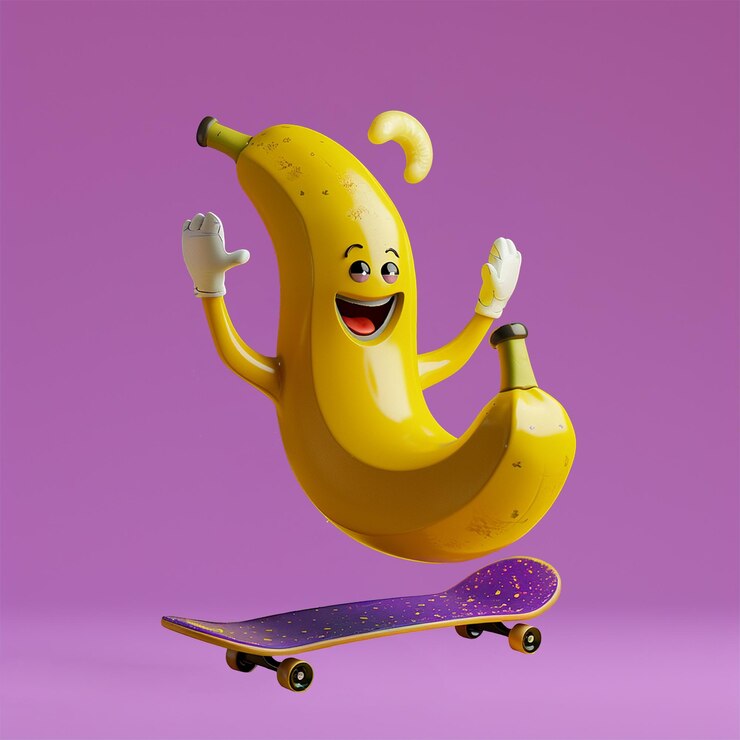 PSD fullbody 3d character icon of a banana riding a skateboard