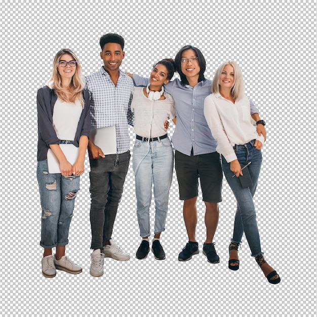 fulllength portrait of shy blonde woman in white sneakers holding laptop after seminar and stands beside african friend excited international students posing together after lecture in spacious hall