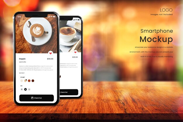 PSD mockup per smartphone a schermo intero di due prototipi dello schermo del telefono con caffè sfocato sullo sfondo