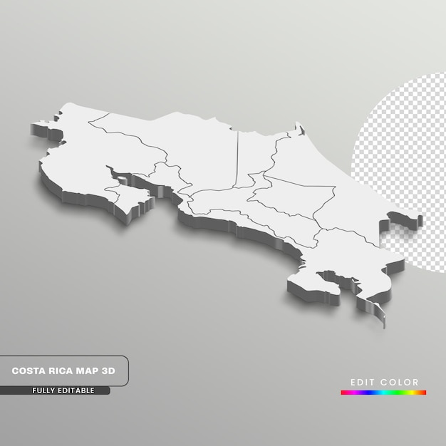 PSD Полностью редактируемый 3d изометрический белый коста-рика с провинциями или провинциями, белый изолированный фон.
