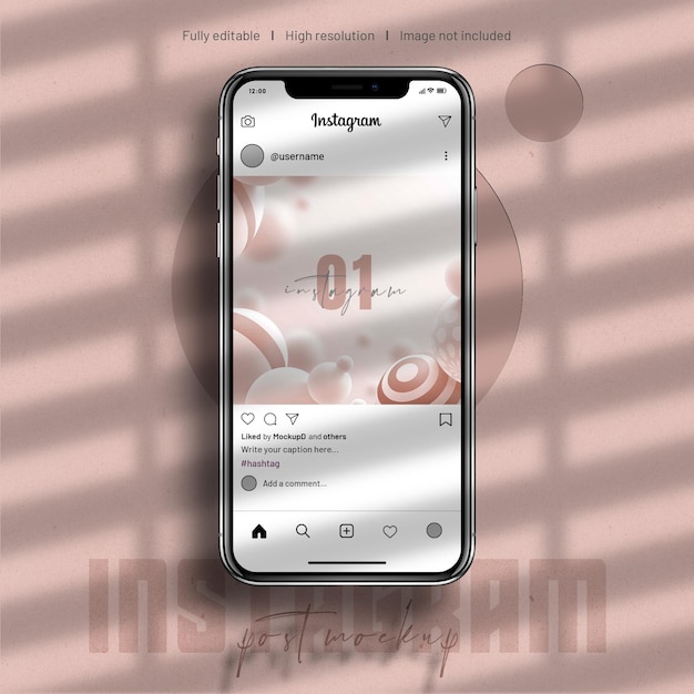 PSD mockup di post instgram completamente modificabile sull'interfaccia utente di instagram con il telefono