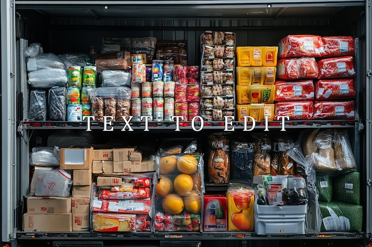 PSD a fully stocked cargo truck filled with various food items including canned goods packaged snacks fruits and grains