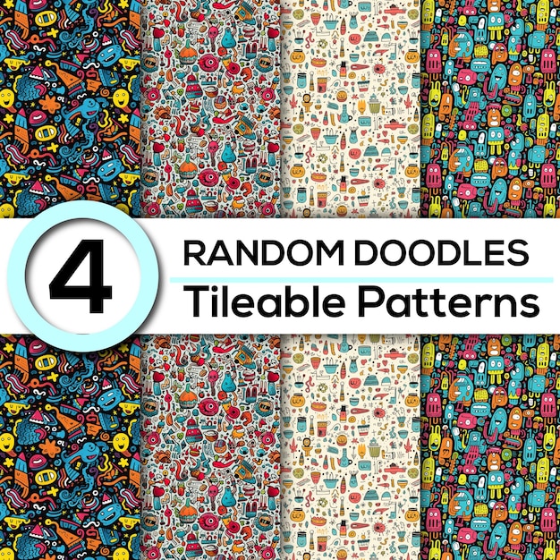 fun random doodles 4 seamless tileable patterns for playful and creative designs