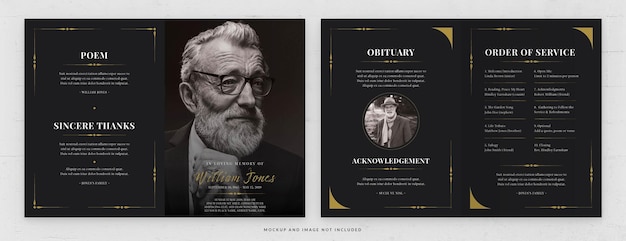 PSD funeral memorial card template in psd simple gold and black theme