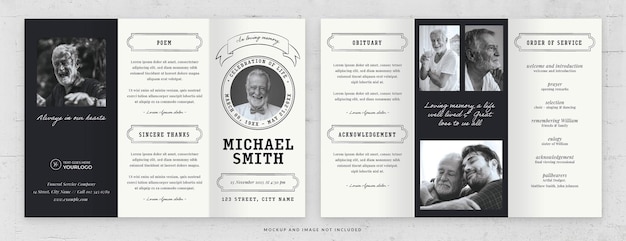 PSD funeral memorial tri fold card template in psd simple black and white theme