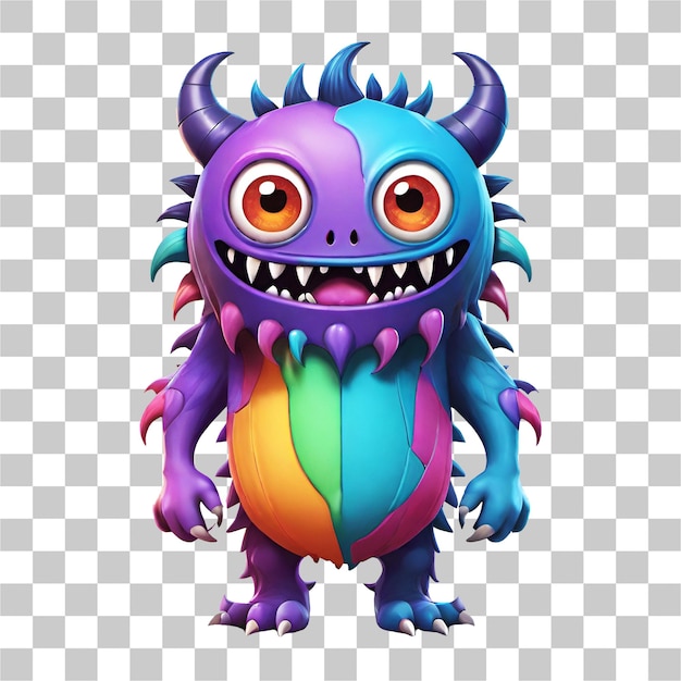 Funny cartoon 3d monster with horns design isolated on transparent background