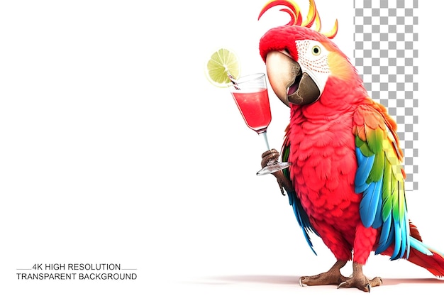 Забавный партийный попугай с коктейльным стаканом, изолированный на прозрачном фоне
