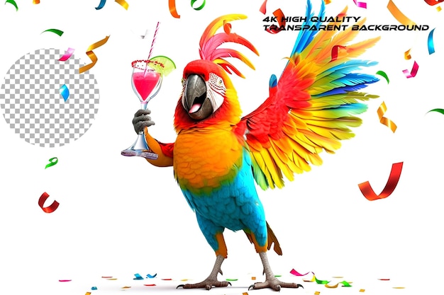 PSD funny cartoon party parrot with cocktail glass on transparent background