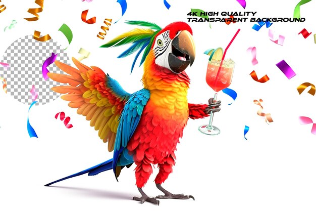 PSD funny cartoon party parrot with cocktail glass on transparent background