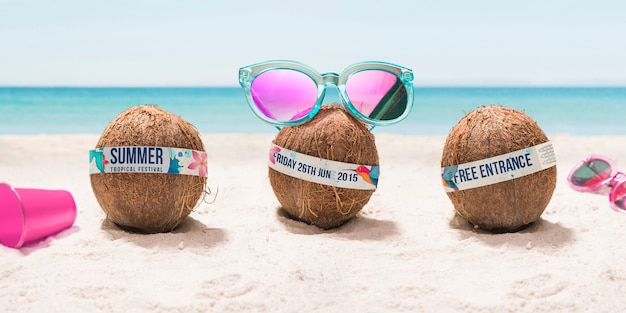 PSD funny coconut with sunglasses festival