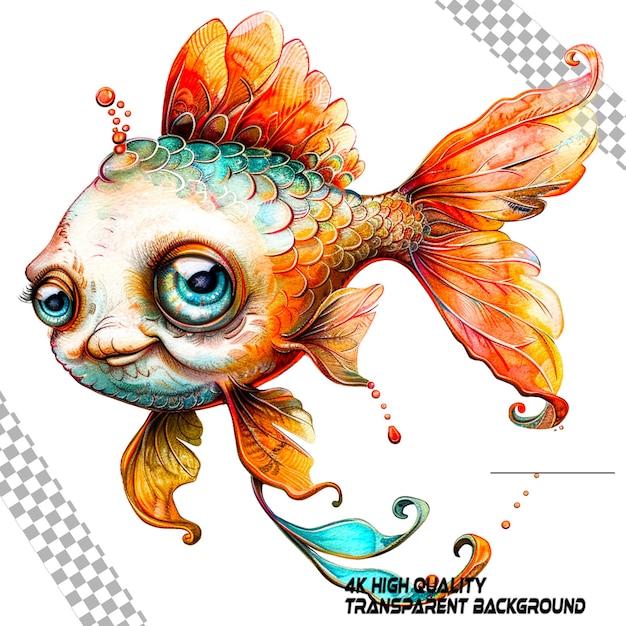 PSD 투명한 배경 없이 어떤 물체도 없는 재미있는 귀여운 물고기 만화