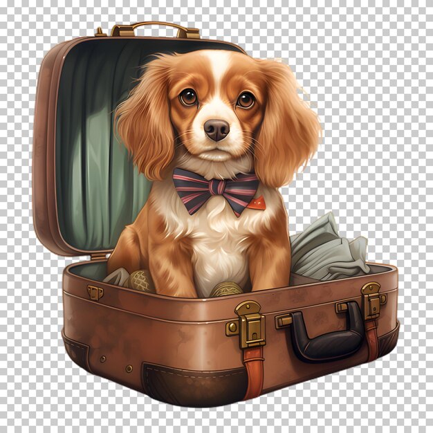 PSD funny dog sitting in suitcase isolated on transparent background