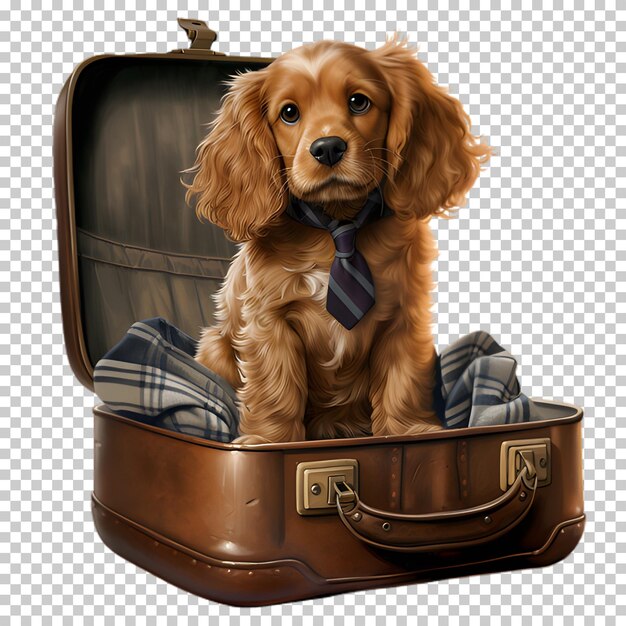 PSD funny dog sitting in suitcase isolated on transparent background