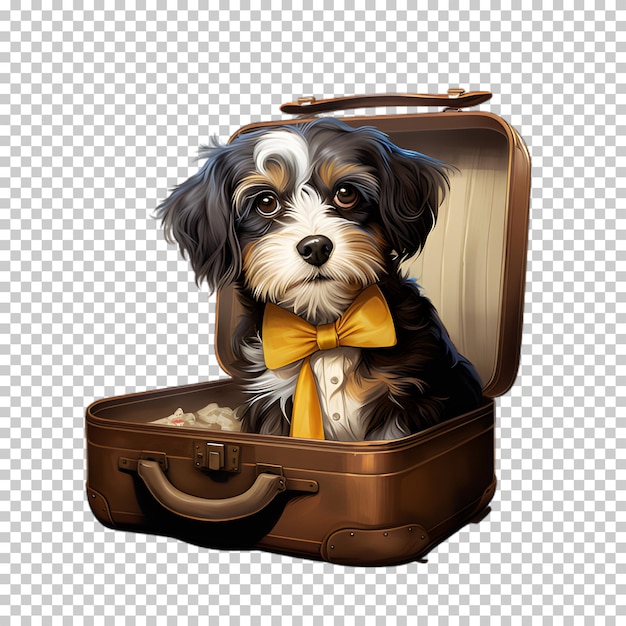 PSD funny dog sitting in suitcase isolated on transparent background