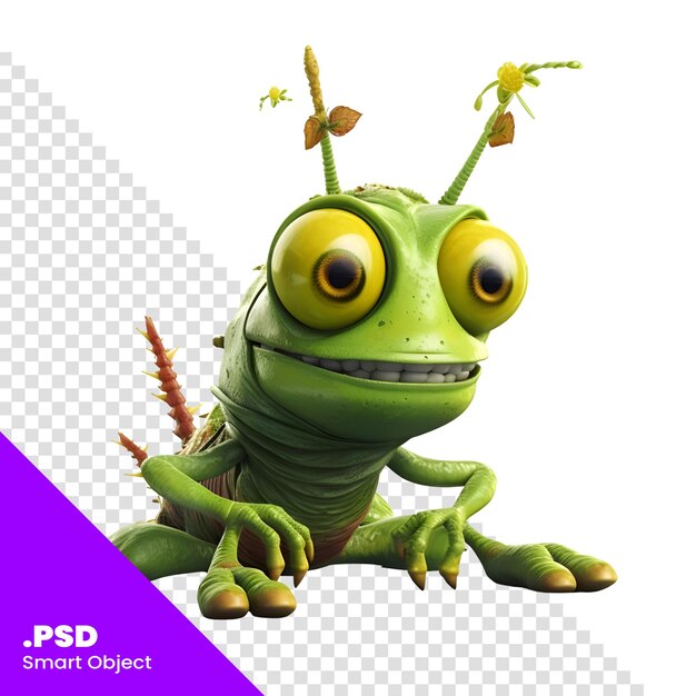 PSD Смешная лягушка с растением на белом фоне 3d иллюстрация psd шаблон