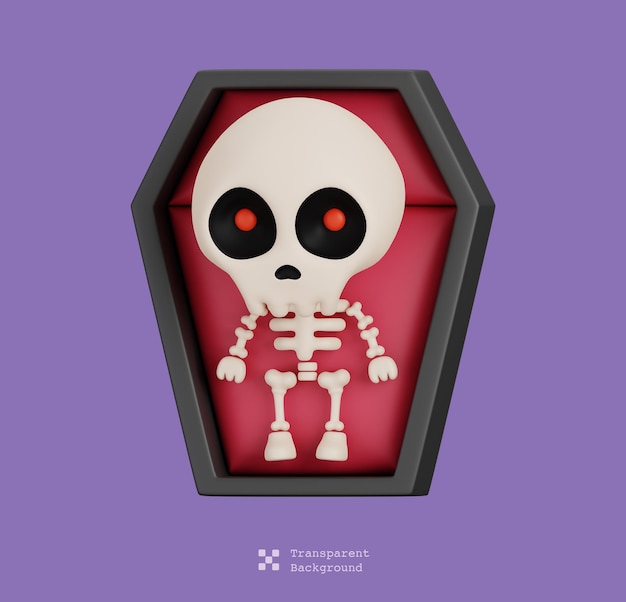 Funny halloween cartoon character skeleton in coffin isolated 3d render illustration