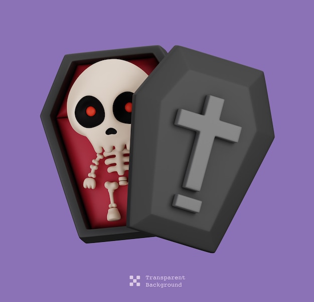 Funny halloween cartoon character skeleton in coffin isolated 3d render illustration